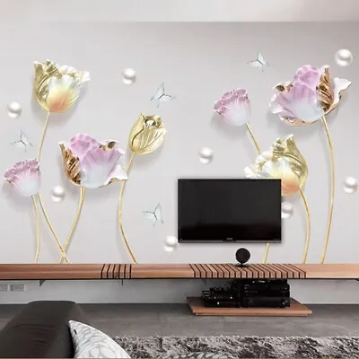 3D Tulips Flowers Wall Stickers Huge Vinyl Mural Home Room Decor Wall Decals • £12.99