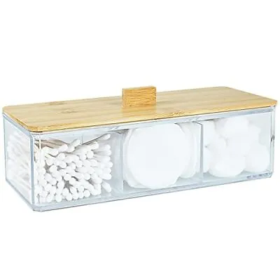 Acrylic Qtip Holder Dispenser With Wood Lid 3 Compartment Cotton Ball Holder Bat • $20.23