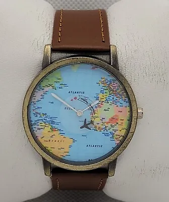 Unisex Classic Round Gold Tone Case World Map Dial Brown Leather Strap Watch K4 • $11.99