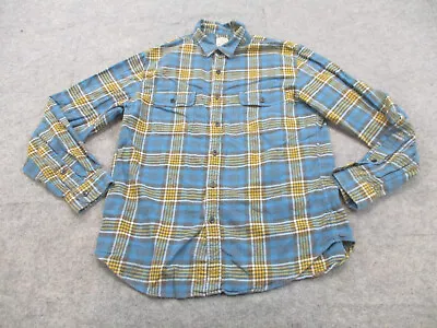 J Crew Shirt Mens Large Blue Yellow Plaid Flannel Button Up Adult Pockets • $24.96