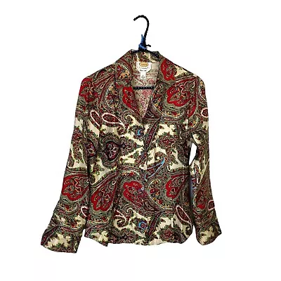 Vintage Talbots 100% Silk Red Blue Paisley Print Twill Button Blouse Top Size 4 • $19.60