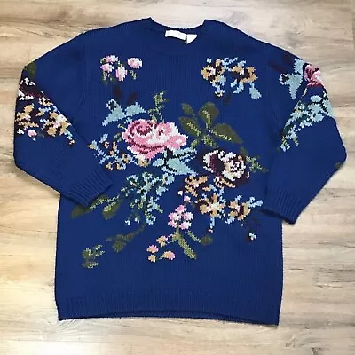 VTG Sweater Liz Claiborne Size Small Floral Tapestry 90s Granny Christmas Blue • $119