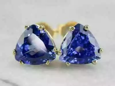 14K Gold Finish 2Ct Trillion Cut Simulated Blue Tanzanite Women's Stud Earrings • $57.19