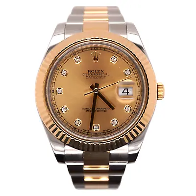 Rolex Men's Datejust II 41mm 18kGold&Steel Oyster Gold Diamond Dial Watch 116333 • $13499