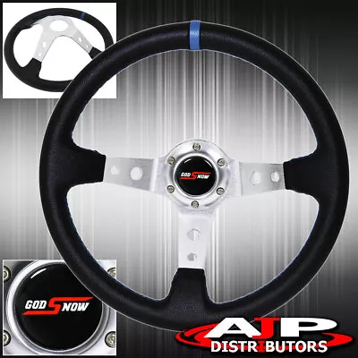 Godsnow Deep Dish Black Steering Wheel Silver Aluminum Center Blue Stitching • $40.99