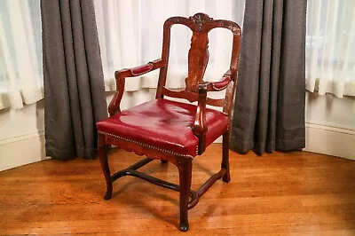 Incredible Antique English Walnut Desk Arm Chair Leather Seat • $750