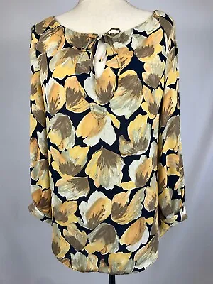 Anthropologie MEADOW RUE Michelia Yellow Navy Floral Peasant Blouse Top Tunic 10 • $15.50