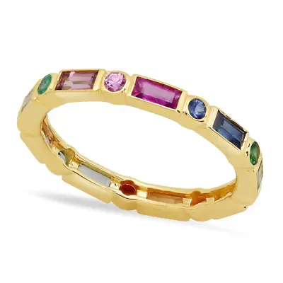 Beautiful Rainbow Multi-Gemstone Wedding Eternity Band Ring 14K Yellow Gold Over • $144.99