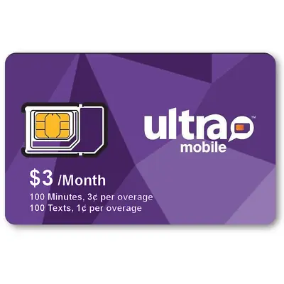 10 PACK Ultra Mobile $3 Month Prepaid SIM Card 100 Minutes SMS Data T-Mobile PK • $334.95