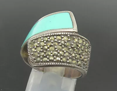 925 Sterling Silver - Vintage Turquoise & Marcasite Bypass Ring Sz 7 - RG23901 • $37.13