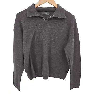 Versace Wool Sweater Mens Sz L Gray Grey Collar Herringbone Pullover Logo FLAW • $94.78
