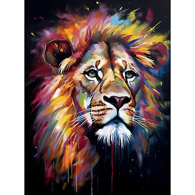 Lion Head Oil Painting Rainbow Colour Mane Hair Portrait XL Art Canvas Poster • £19.99