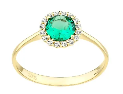 9ct Yellow Gold Emerald & Cz Halo Solitaire Engagement Ring Size J To S • £62.95