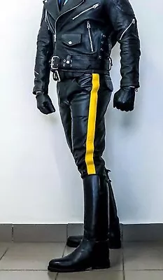 Men's Real Leather Bikers Pants Side Contrast Leather Stripes Pants BLUF Pants • $120