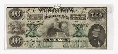 1862 $10 Virginia Treasury Note – Civil War Era Obsolete Currency #2942 • $178.95