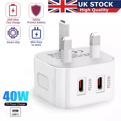 40W Dual PD Type USB-C Fast Charger Plug For IPhone 13 12 11 14 Pro Max Plus • £9.99