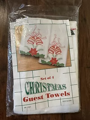 Vintage NOS Christmas Bell Poinsettia Embroidered Cotton Hand Guest Towels • $9