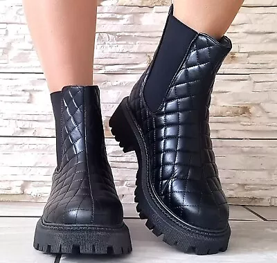 £16.99 • Buy Womens Black Wide Fit Flat Chunky Platform Sole Chelsea Slip On Ankle Boots Shoe