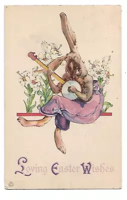 Fantasy Easter; Hip Rabbit Playing The Banjo.  Stecher 787f.  Vintage Greeting  • $8.95