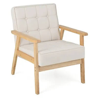 Modern Upholstered Accent Sofa Chair Wooden Armchair W/ Rubber Wood Armrests • £74.95