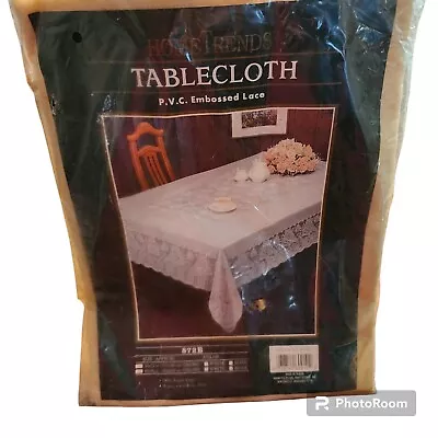 Home Trends PVC Embossed Lace Vinyl Tablecloth Oblong 60x90 Beige Bone VTG • $14