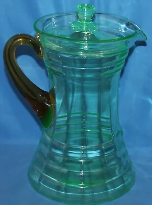 Vintage Green Depression Uranium Vaseline Glass Pitcher Brown Handle With Lid • $59.99