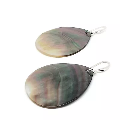 Large Teardrop Shell Earrings Long Dangle Drop Dark Abalone Boho Sterling Silver • £15.98