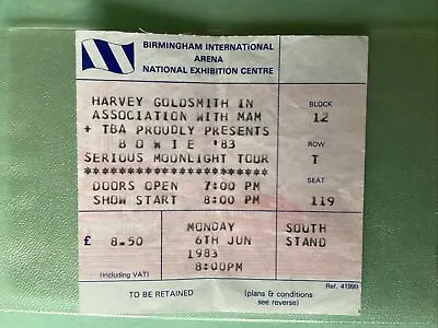 £10 • Buy David Bowie Serious Moonlight Tour , 6th June 1983, Ticket Stub.