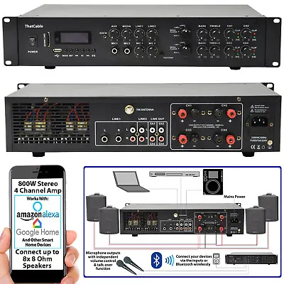 800W Stereo Bluetooth Amplifier | 4x 200W Channel Multi Zone HiFi Matrix Mixer • £274.99