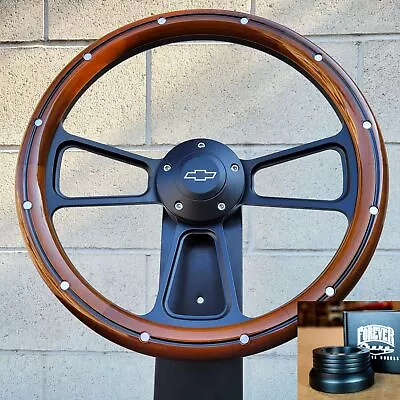 14  Black Billet Steering Wheel Wood Mahogany Aluminum Rivets 1974-94 C10 Pickup • $223.18