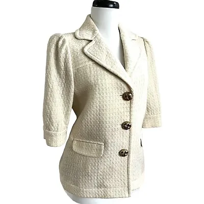 Vintage JUICY COUTURE Cream Wool Boucle Metallic Blazer Jacket Gold Buttons 12 • $59.99