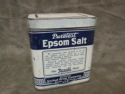 1920's United Drug Rexall Puretest Epsom Salt Blue White Tin Litho Box 16 Oz • $39