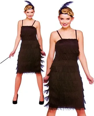 Adult Black CHARLESTON JAZZY FLAPPER Long Fancy Dress Ladies Costume UK 6-24 • £24.95