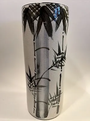 Vintage Asian Ceramic Cylinder Vase Hand Painted Bamboo Motif 11.5  Tall • $10