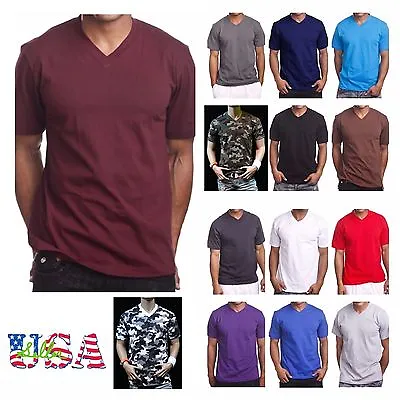 Men's HEAVY WEIGHT V-Neck T-Shirt Plain Tee BIG & Tall Comfy Camouflage Hipster • $8.50