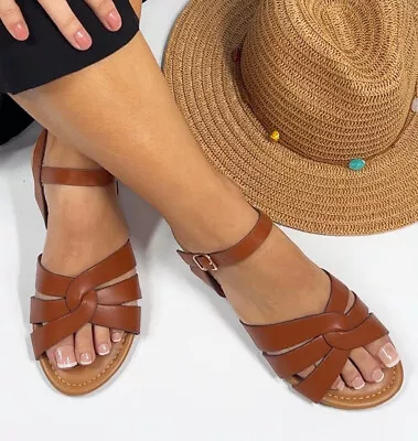 New Womens Strappy Flat Holidays Summer Sandals Comfy Ankle Strap Size 3-8 • £18.99