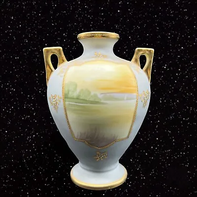 $336.86 • Buy Antique Porcelain Nippon Moriage Vase Golden Hand Painted Double Handled Boat