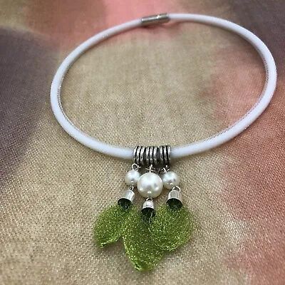 Gift. Handmade Shiny Green Mesh Wire White Nylon Mesh Necklace Pearl Jewellery • £45