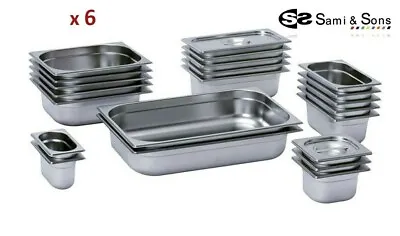 6x Gastronorm Pan Stainless Steel Gastro Container/Tray Bain Marie Food Pot Lid • £67.99