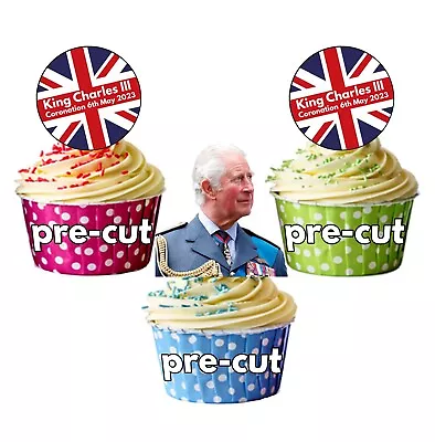 PRECUT King Charles III Coronation Cupcake Toppers Cake Decoration Union Jack GB • £3.75