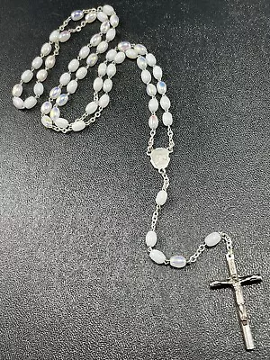 ITALY Signed Vintage Catholic Rosary Beads 26” AB White Glass Beads Crucifix • $4.99