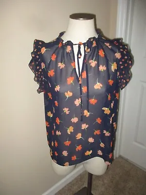 CAbi Blue Orange Poppies Floral Sheer Ruffle Tie V Neck Sleeveless Top Blouse XS • $13.99