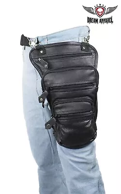 Black Naked Cowhide Leather Thigh Bag W/ Multi-pocket For Motorcycle Biker • $64.99