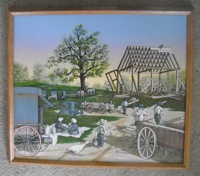 Vintage Signed H. Hargrove Amish Barn Building W/buggy Serigraph 20X24 Oak Frame • $25