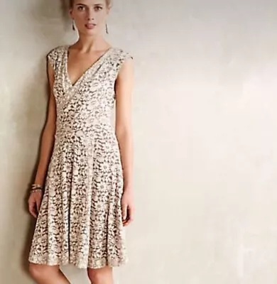 Anthropologie Maeve Brushed Lace Surplice Fit & Flare Dress Ivory Floral Rust • $39.99