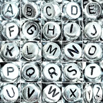 100 X SILVER Colour 7mm Flat Round Alphabets Acrylic Beads Mixed&single Letters  • £2.19