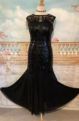 Dress 14 Black Beaded Sequin Evening Ballgown Deco Gatsby Modern Vintage Flapper • £29.99