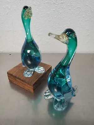 Murano Style Glass Pair Of Ducks With Gold Specks In Beaks Vintage H 5.5 In • $65