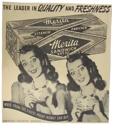 Vintage 1945 MERITA Sandwich Bread Newspaper Print Ad • $9.97