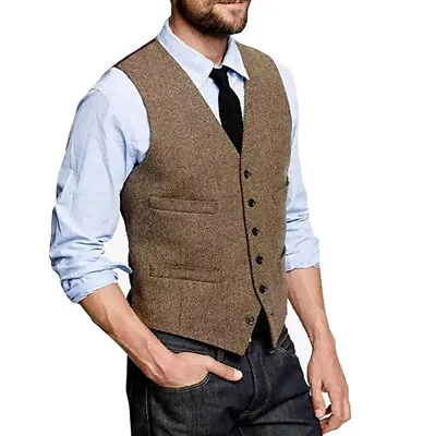 Mens Tweed Vest Vintage Western Herringbone Business Wedding Waistcoat Large XL • $27.97